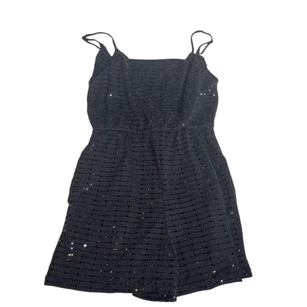 Crystal Sky Black Sequin Romper Spaghetti Strap Square Neck XS NYE Night Party